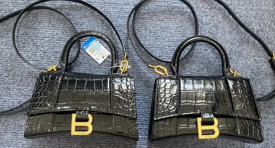 Comparison of Balenciaga Hourglass Handbag Exterior Details: Authentic vs. Replica